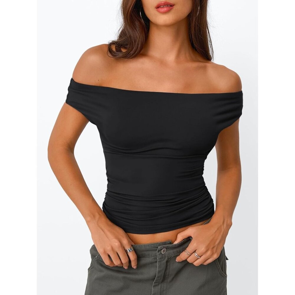 Women's Cami Crop Tops Black Off The Shoulder Classic Summer Going Out Comfort - Picture 2 of 5